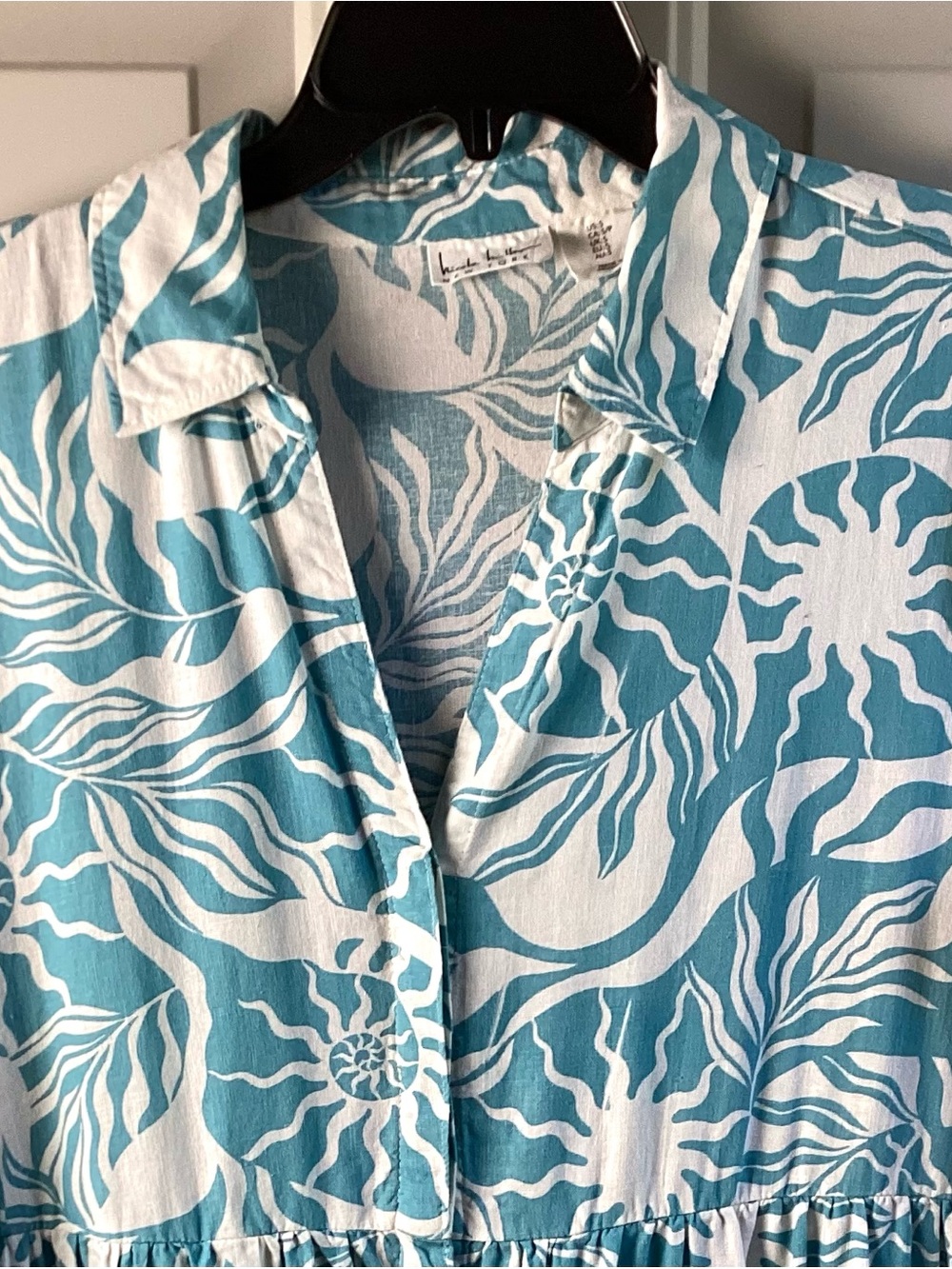Nicole Miller Blue and White Floral Print Tiered MIDI Dress linen blend - Picture 2 of 7
